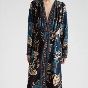 Farm Rio Blossom Tapestry Long Sleeve Wrap Dress, S, Black